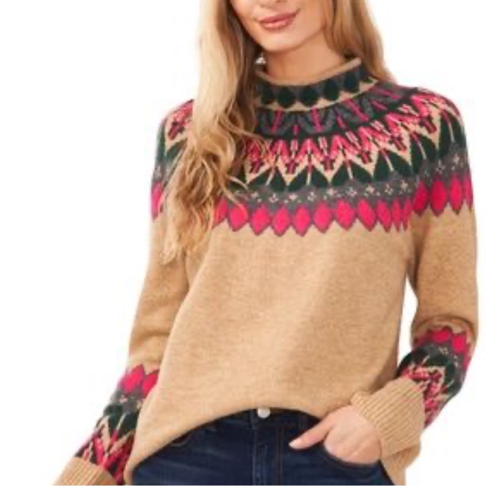 Vince Camuto Tan and Pink Nordic Icelandic Patterned Sweater Mock Neck Sz XS